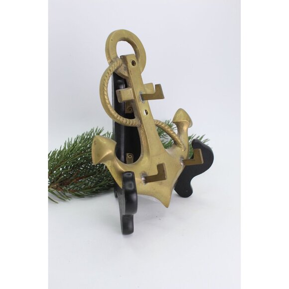 Vintage Brass Anchor Wall Hook Nautical 3 Hook Hanger Solid Brass Rope Detail 6x - Picture 4 of 7